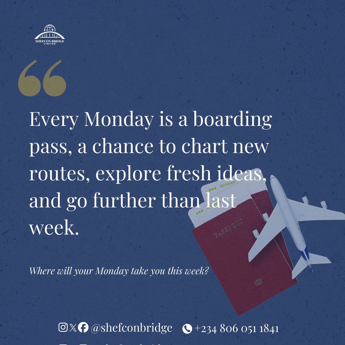 Shefconbridge's tweet photo. Mondays don’t have to feel so dreadful, think of them as your boarding pass to something new. 

A chance to reset your goals, explore new ideas, and take the next step toward that dream destination or opportunity waiting ahead. https://t.co/4vBMVGmshJ