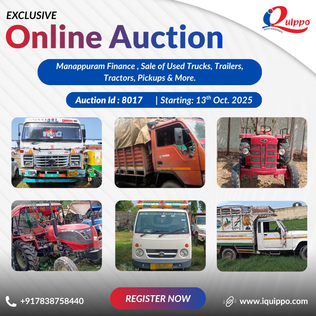 IQuippo's tweet photo. 🚜 Manappuram Finance Auction Alert!
Used Trucks, Trailers, Tractors, Pickups & More now on sale across India.
Register now 👉 https://t.co/hxspdcexwu
📞 Call: +91 78387 58440
#iQuippoAuction #ManappuramFinance #UsedVehicles #TrucksForSale #Tractors #CommercialAuction #PANIndia https://t.co/a8C03iaPxK
