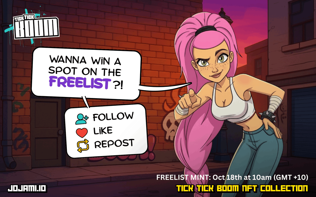💥 It's Compilation Time 💥

I'm giving away 1 spot on the Tick Tick Boom freelist!
You know the drill, listing to Coco!

FREELIST MINT: Oct 18th at 10am (GMT +10)
opensea.io/collection/tic…

#TTB #NFTs #DigitalArtist #NFTdrops