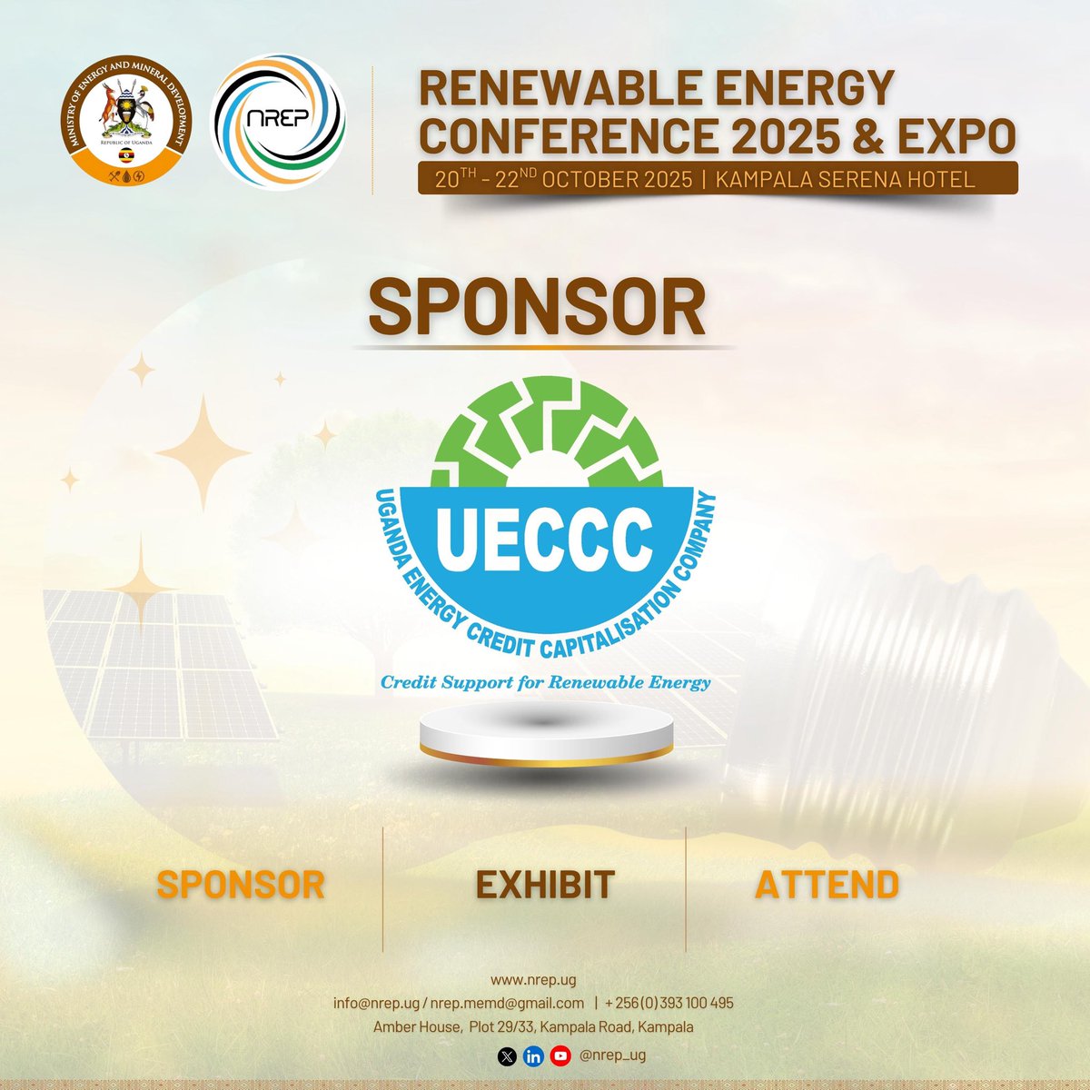 NREP_Uganda's tweet photo. Delighted to have been joined by @UECCC1 as a sponsor for #REC25&Expo; happening from 20th–22nd Oct 2025 at Serena Hotel.
#REC25 #NREP #RenewableEnergy #CleanEnergyFinancing #Sustainability #EnergyTransition https://t.co/1CjD4GQGBY