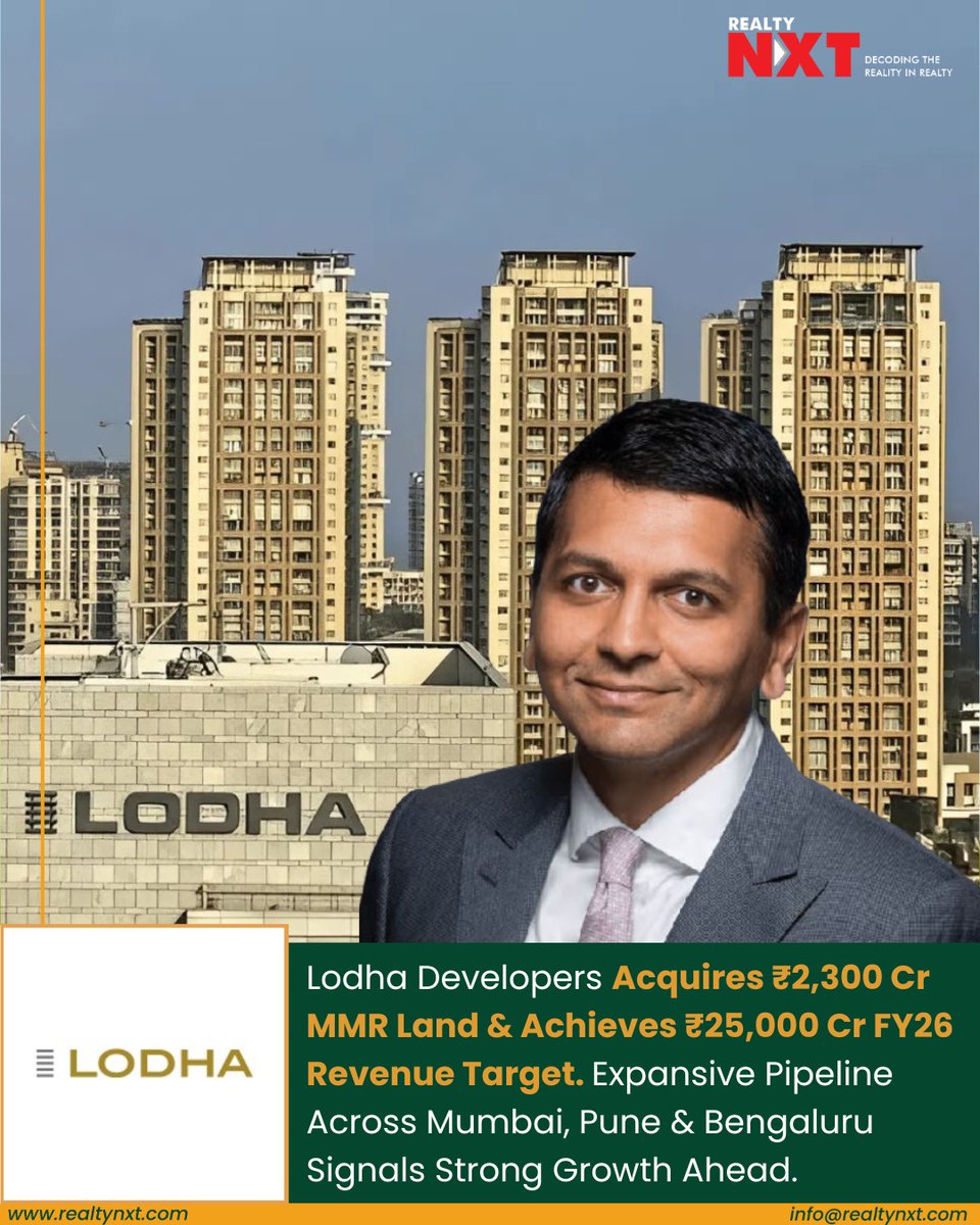 RealtyNXT's tweet image. #News | @LODHA  acquires MMR land for ₹2,300-crore project, achieving FY26 revenue target with strong pipeline across Mumbai, Pune &amp;amp; Bengaluru.

#RealtyNXT #LodhaDevelopers #Mumbai #Pune #Bengaluru #MMR #HousingProjects #RealEstateGrowth #ResidentialDevelopment