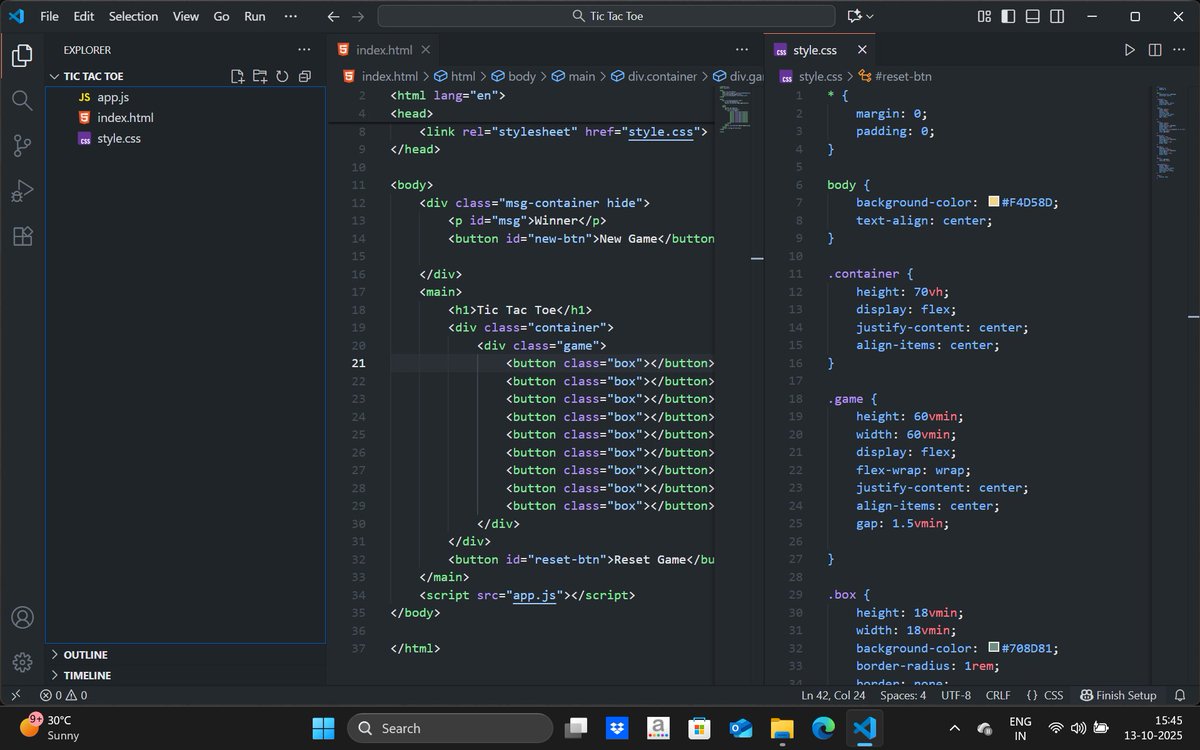 manthan3124's tweet image. Before diving into React ⚛️, I want my JavaScript foundation rock solid.

So I’m building 2 fun projects:
 Tic Tac Toe (half done today!)
 Rock Paper Scissors (next up)

📂 GitHub: github.com/manthan1975

#JavaScript #WebDev #100DaysOfCode #CONNECT