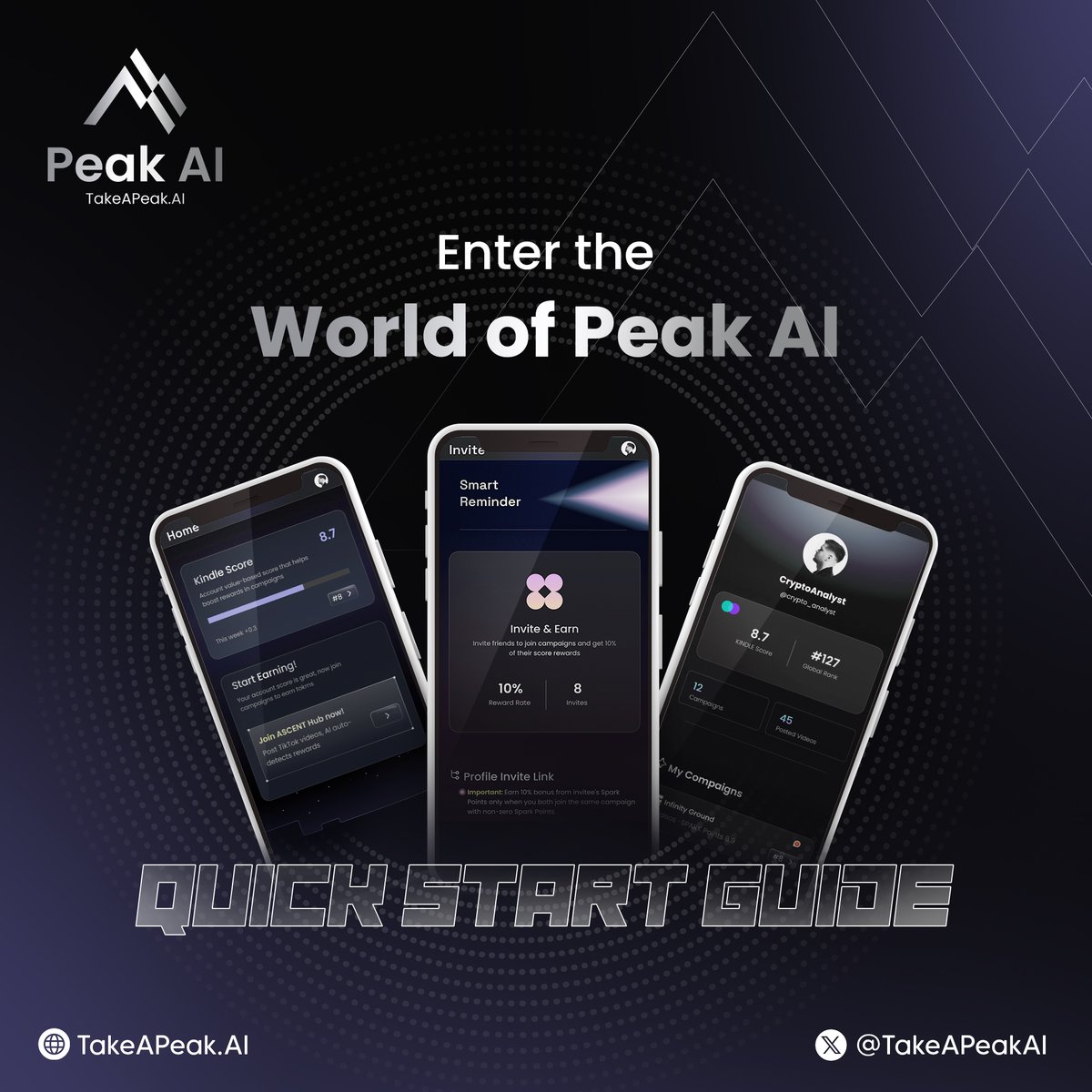 TakeAPeakAI's tweet image. This is your official guideline for TakeAPeak.AI
Learn how to:
- log in & sign up
- join TikTok campaigns
- earn crypto rewards
- connect with the Web3 community
Get started the right way:
👉 take-a-peak-ai.notion.site/PEAK-AI-Quick-…
