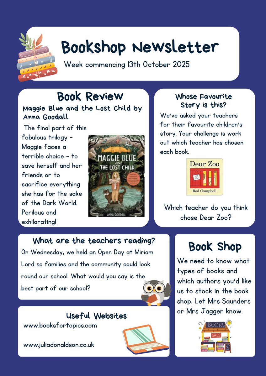 Here's our bookshop newsletter. There's a brand new game to play. We've asked all the staff to choose their favourite books.
The first book is Dear Zoo by Rod Campbell. Which member of staff has chosen this as their favourite? <a href="/OpenUni_RfP/">Reading for Pleasure 🧶</a>