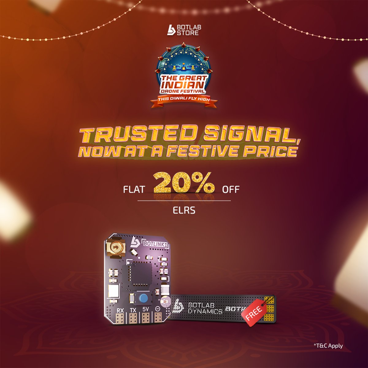 BotLabStore's tweet image. 🎇Our trusted signal, now at a festive price.
Get 20% OFF on ELRS this Diwali 🥳
Plus, enjoy a FREE Racewire with your order!🎊
#BotLabStore #TheGreatIndianDroneFestival #ThisDiwaliFlyHigh #DroneFestival #DroneDeals #DroneDiscounts #MadeInIndia #BuiltToFlyHigh