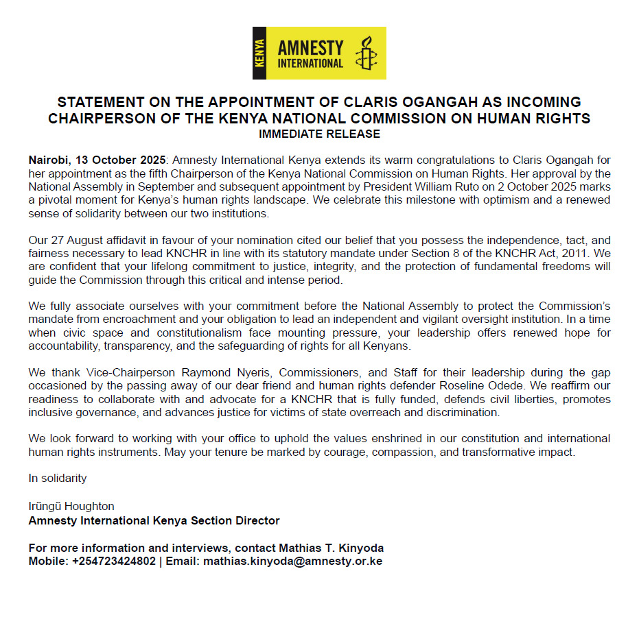 Congratulations to Claris Ogangah on her appointment as Chairperson of the Kenya National Commission on Human Rights.
Her leadership marks a critical moment for Kenya’s human rights landscape.
Read our full statement: amnestykenya.org/statement-on-t…