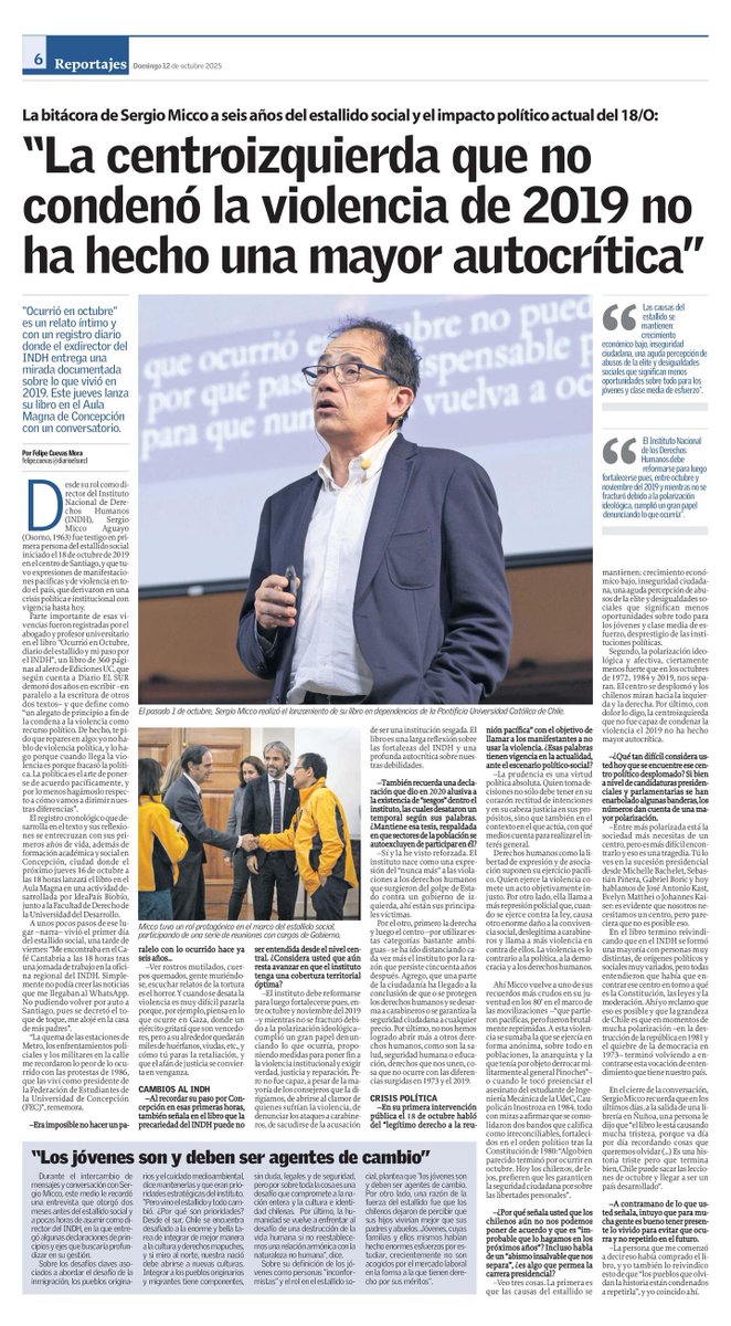 En <a href="/elsurcl/">Diario El Sur</a> de ayer domingo entrevisté a Sergio Micco (<a href="/SergioMicco/">Sergio Micco Aguayo</a>) exdirector del INDH, en el marco del lanzamiento de su libro "Ocurrió en octubre", donde narra desde su experiencia como vivió el estallido social. Esta semana lanza su libro en Concepción. 🗞️✅