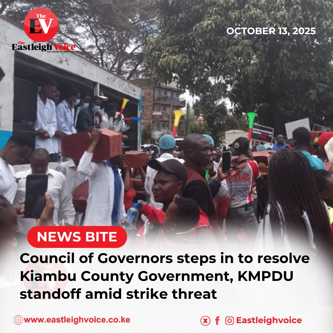 Eastleighvoice's tweet photo. The Council of Governors has initiated a consultative meeting to address the ongoing standoff between the Kiambu County Government and the Kenya Medical Practitioners, Pharmacists, and Dentists Union (KMPDU). This follows the union’s call for mass demonstrations, with the council seeking dialogue to avert disruption of health services and restore normal operations.
