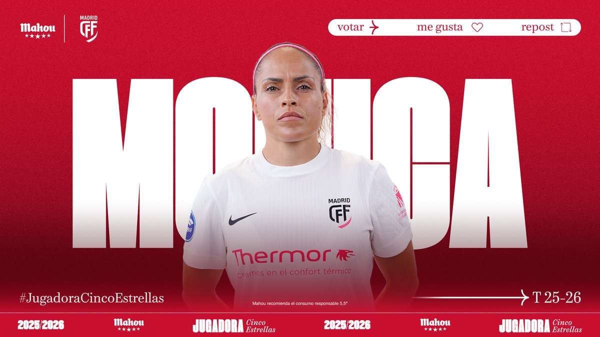 futbolmahou's tweet photo. RT o MG si crees que @MonicaHickmannA ha sido la #JugadoraCincoEstrellas del @MadridCFF en septiembre. (2/6) https://t.co/L6VNW3wiFm