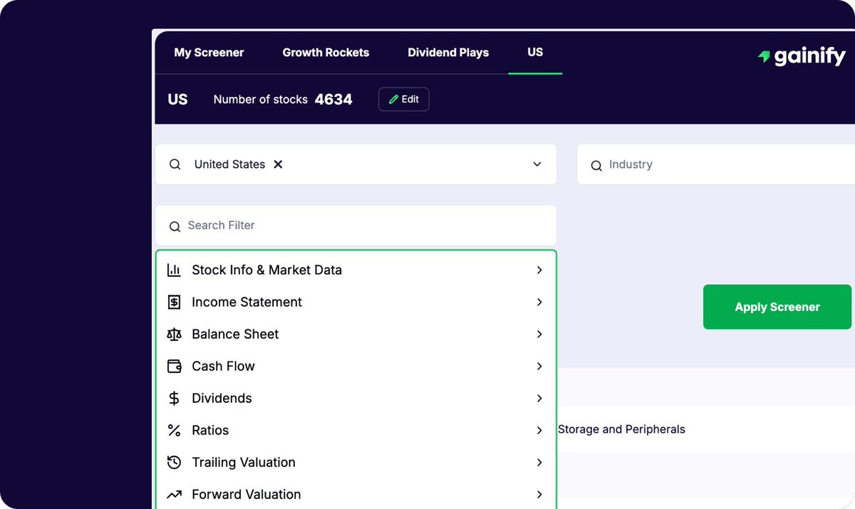 Gainify.io Screener 3.0 is here!  

Built to be the MOST ADVANCED FUNDAMENTALS SCREENER for retail investors.  

✅ 1,000+ metrics across financial statements
✅ Unparalleled forward estimates database
✅ Powered by real-time S&amp;P Global Data

3 powerful examples
