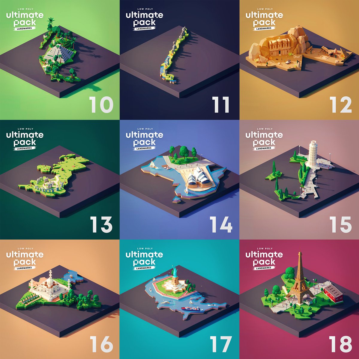 polyperfectteam's tweet photo. The 10.0 update with #landmarks is heading to the #lowpolyultimatepack 🏦
Can you guess them all? (10-18)🤔
#lowpoly #monument #3dart #gamedev #indiedev https://t.co/kJhT50A4T3