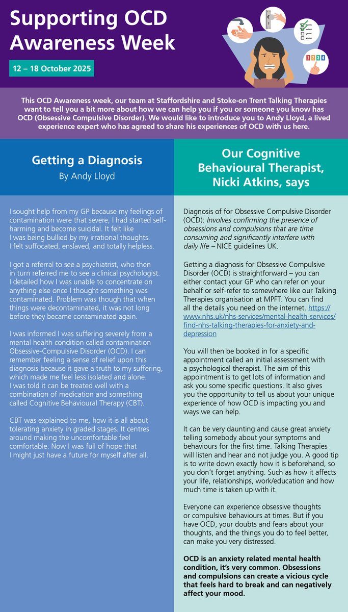We are supporting #OCDAwarenessWeek follow our blogs each day this week about what #OCD is and how therapy can help. If we can help you just call 0300 3030923. Don't suffer. Our service is confidential and free
<a href="/ClinLeadWBM/">Sarah Watts</a>
<a href="/mpftnhs/">Midlands Partnership University NHS FT</a>
<a href="/CombinedNHS/">CombinedNHS</a>
<a href="/BurtonMind/">Burton and District Mind</a>
<a href="/StaffordshireCC/">Staffordshire County Council</a>