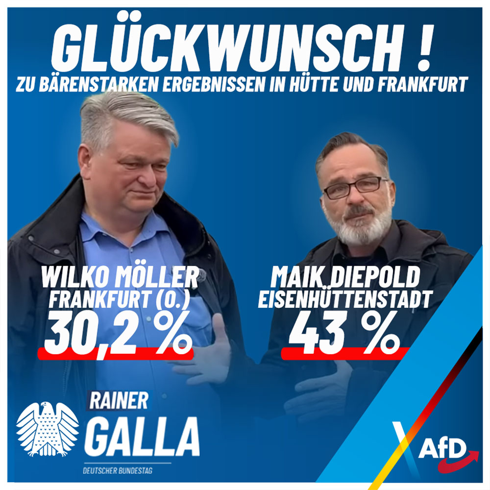 Ich gratuliere meinen Parteifreunden M. Diepold in #Eisenhüttenstadt und W. Möller in #Frankfurt (Oder) herzlich zu den fantastischen Ergebnissen, die sie beide bei den #Bürgermeister #Stichwahlen eingefahren haben. 

Rainer #Galla, #AfD im #Bundestag

rainer-galla.de/glueckwunsch-n…