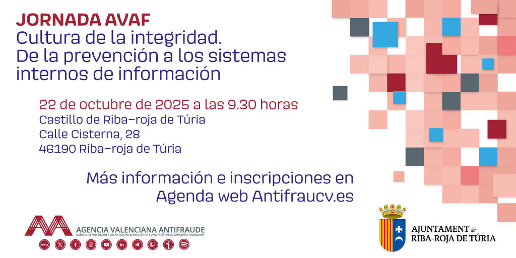 🔊¡Inscripciones abiertas! 
📆22 de octubre 
⏲️9.30h
📌Castillo de Riba-roja de Túria
 
Jornada “Cultura de la integridad. De la prevención a los sistemas internos de información” 
 
👇Programa e inscripciones aquí 👇
antifraucv.es/events/jornada…