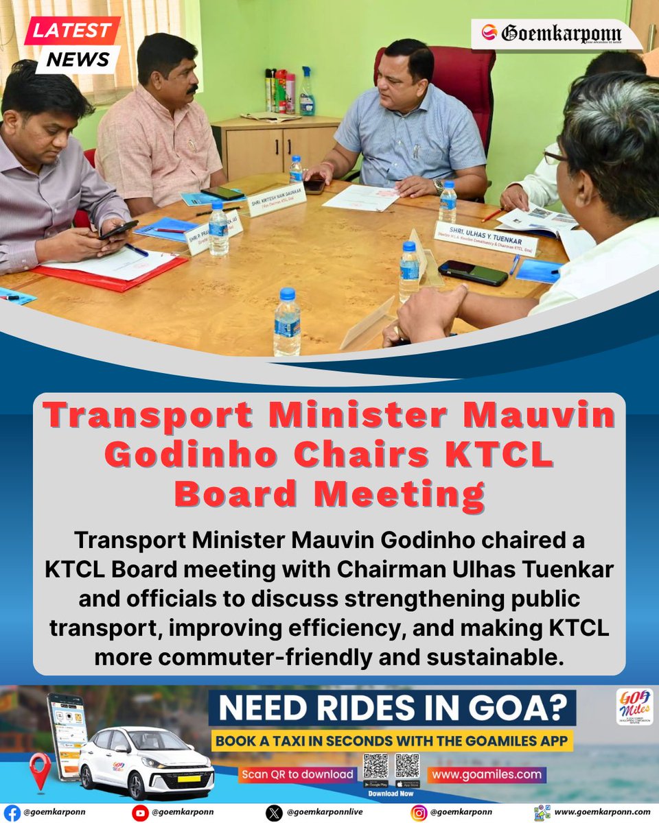 goemkarponnlive's tweet image. Transport Minister Mauvin Godinho chaired a KTCL Board meeting with Chairman Ulhas Tuenkar and officials to discuss strengthening public transport, improving efficiency, and making KTCL more commuter-friendly and sustainable.#GoaNews #KTCL #MauvinGodinho #PublicTransport