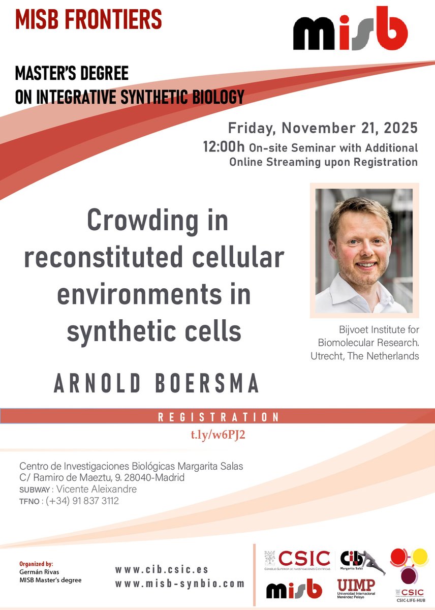 CIB_CSIC's tweet photo. #MISB Frontiers (@CSIC-@UIMP)

Crowding in reconstituted cellular environments in synthetic cells
Arnold Boersma, Bijvoet Institute for Biomolecular Research, Utrecht.

📅Nov 21
⏰12pm
The seminar will take place at @CIB_CSIC and streamed online 🔗https://t.co/lwnrx9eStS https://t.co/YezM3gOmEa