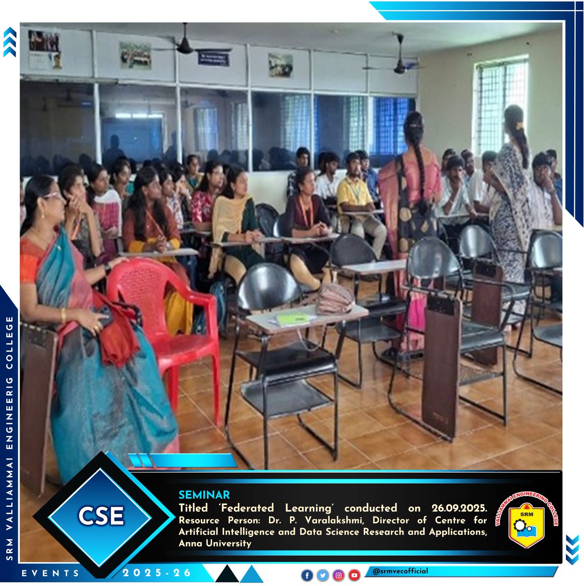 srmvecofficial's tweet image. 🚀 Seminar on Federated Learning | 26.09.2025  
Organized by the Department of Computer Science &amp;amp; Engineering, in association with SRM VEC-CSI Student Branch, ISTE, IIC &amp;amp; Coderizz Club.
#FederatedLearning #AI #MachineLearning #DataPrivacy #SRMVEC #CSI #IIC #ISTE #Coderizz