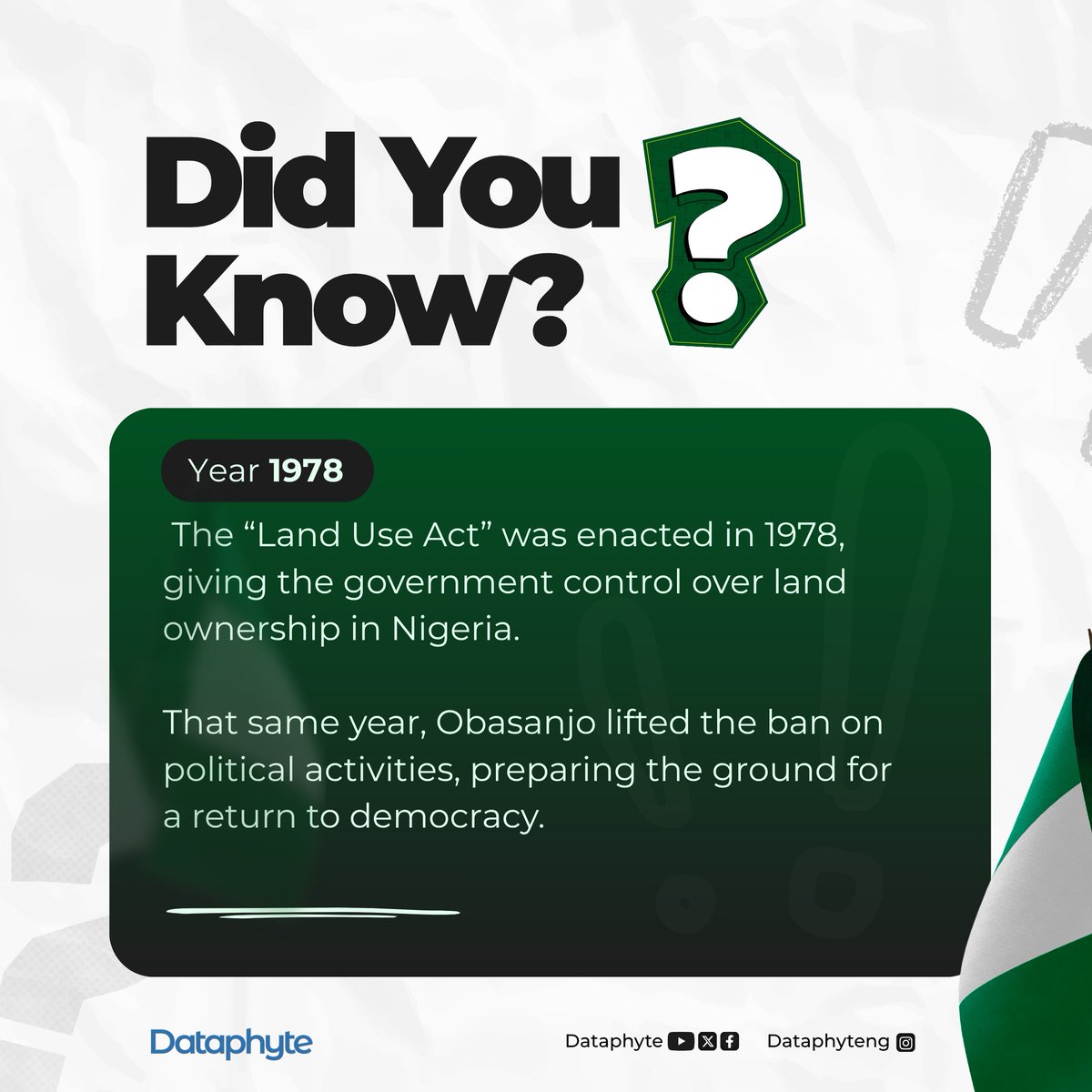 Dataphyte's tweet image. Did you know?
In 1978, Nigeria introduced the Land Use Act, changing how land ownership was managed across the country.
It was also the year political activities resumed, a small but significant step toward the return of democracy.
#datafordevelopment #nigerianindependenceday