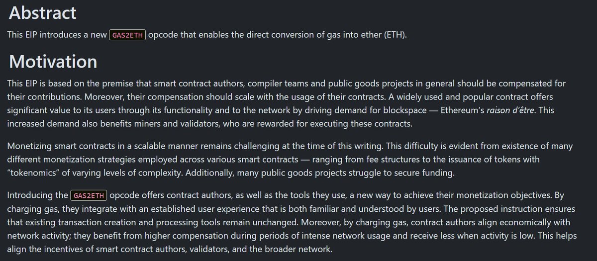 pcaversaccio's tweet image. guys, we need your feedback. The `GAS2ETH` opcode (the EIP is written by @big_tech_sux and myself) is proposed for inclusion for Glamsterdam and we need further feedback about potential ambiguities in the specs, security issues, or any other concerns. The tldr for the EIP is that…