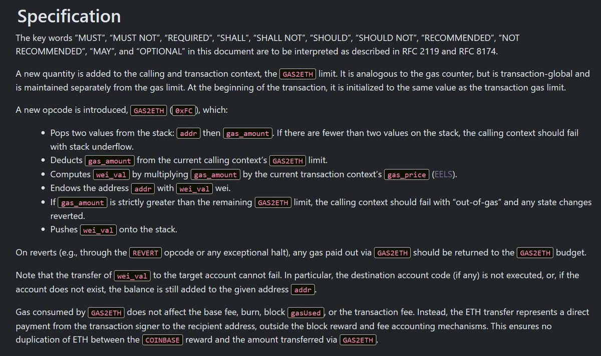 pcaversaccio's tweet image. guys, we need your feedback. The `GAS2ETH` opcode (the EIP is written by @big_tech_sux and myself) is proposed for inclusion for Glamsterdam and we need further feedback about potential ambiguities in the specs, security issues, or any other concerns. The tldr for the EIP is that…