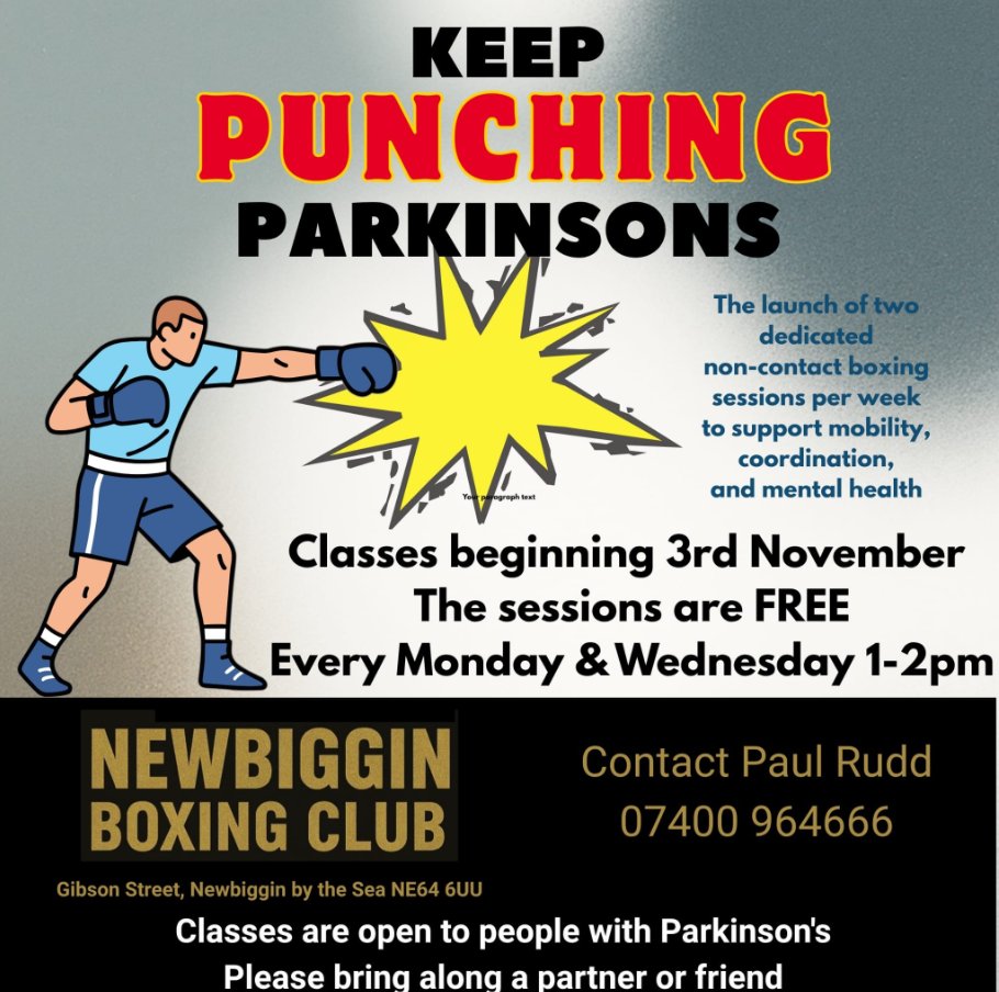Newbiggin Boxing Club is stepping into a new role, offering a series of 𝗙𝗥𝗘𝗘 'Boxing for Parkinson’s' sessions designed to harness the therapeutic power of non-contact boxing.

More info: newbiggintowncouncil.gov.uk/news
#newbigginbythesea