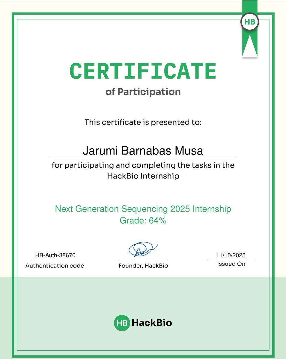 jarumibarnabas's tweet image. My small wins over the weekend 
✅Hackbio internship completed 
✅Excective diploma in Healthcare Management.

#hackbio
#Bashlinuxscripting
#Wholegenomesequencing

We keep learning and growing