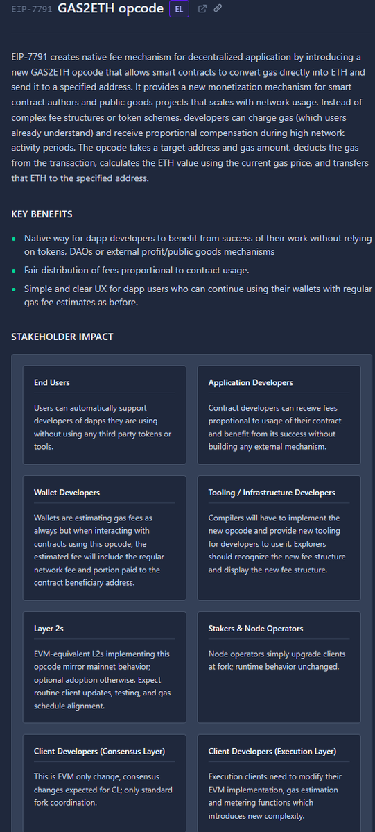 pcaversaccio's tweet image. guys, we need your feedback. The `GAS2ETH` opcode (the EIP is written by @big_tech_sux and myself) is proposed for inclusion for Glamsterdam and we need further feedback about potential ambiguities in the specs, security issues, or any other concerns. The tldr for the EIP is that…
