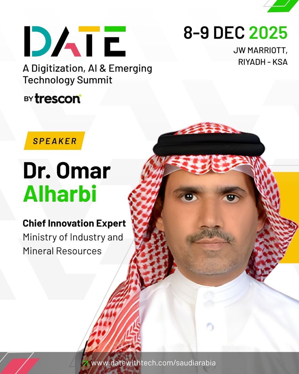 TresconMENA's tweet image. Welcoming Dr. Omar Alharbi, Chief Innovation Expert at @mimgov, to the @datewithtech KSA stage.

Partner with the architects of progress:hubs.li/Q03Nfdgb0

#SaudiTech #Vision2030 #DATEKSA #Innovation #Industry40