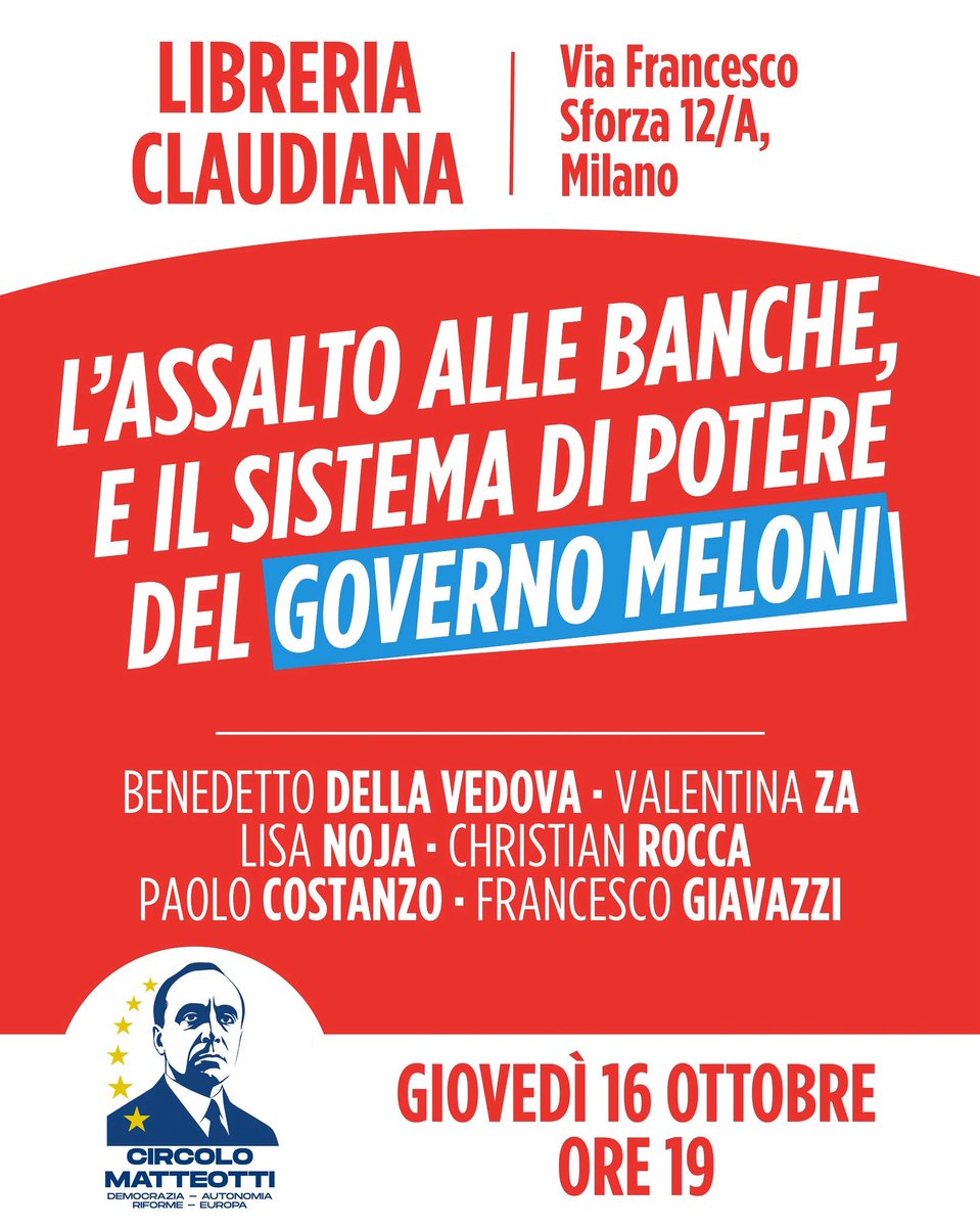 Quando il potere gioca da arbitro e da giocatore, il mercato smette di essere libero. Mettiamo a luce tutte le tessere del risiko bancario: il 16 ottobre alle 19 a Milano ne parliamo con <a href="/bendellavedova/">BenedettoDellaVedova🇮🇹🇪🇺</a> , Francesco Giavazzi, Valentina Za, <a href="/lisanoja/">Lisa Noja</a>, <a href="/christianrocca/">Christian Rocca</a> e