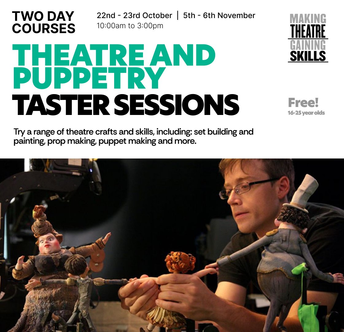 Come and have a go at some theatre and craft skills at the <a href="/bognor_make/">The Bognor Makerspace CIC</a> next week! Beginners welcome—these free sessions are aimed at 16-25 year olds.
Phone or email to book a place: 
📱01243 306800  
📫 info@makingtheatre.co.uk  
#bognor #free #creative #art #theatre #puppetry