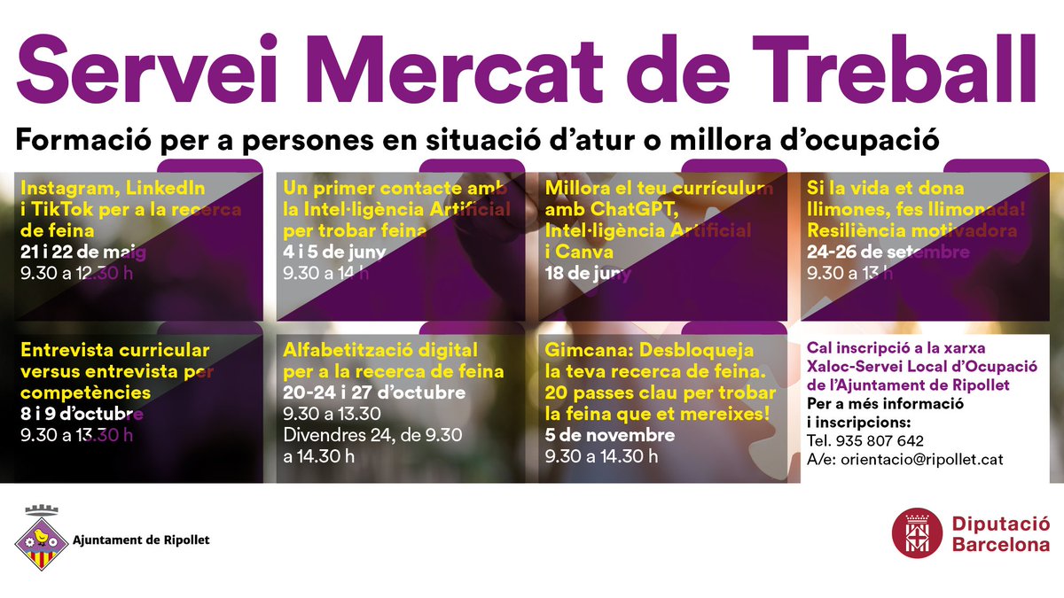 Finalitzada la formació “Entrevista curricular vs entrevista per competències” del Recull d'activitats del SLO de #Ripollet amb el suport de la <a href="/diba/">Diputació de Barcelona</a>, on les persones participants han après a afrontar-se amb seguretat a aquest moment.

Pròximes formacions: ripollet.cat/serveis/ripoll…