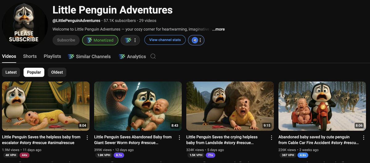 HalimA60962's tweet image. The AI possibilities are ENDLESS. This channel started only 3 weeks ago, creating its own penguin stories. Views are up to 10 million.

Basic editing

Straightforward scripts

Simple thumbnails
Like &amp;amp; Repost, reply&quot; Story&quot; I&apos;ll Dm you the guide
Must be following for dm