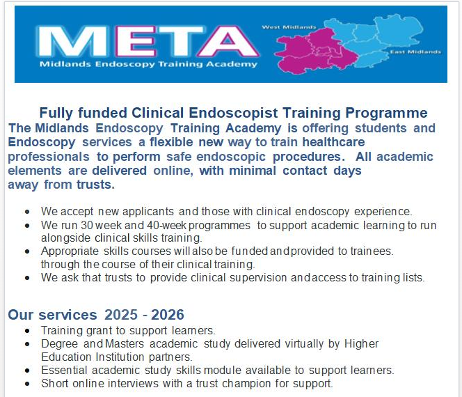 Are you looking to join our next Clinical Endoscopist Training Programme in February 2026?  Contact rwh-tr.meta@nhs.net for an application form.