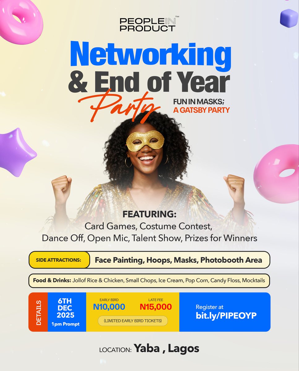 peopleinproduct's tweet image. 👋 Hey guys! It’s a few weeks to our PIP Networking & End of Year Party! 🎉
This hangout promises to be FUN PACKED with exciting competitions & fabulous prizes for winners!🤸🏾♂️
All these for just N10,000 🥳
👉Get your tickets now: bit.ly/PIPEOYP
#PIPParty #PIP