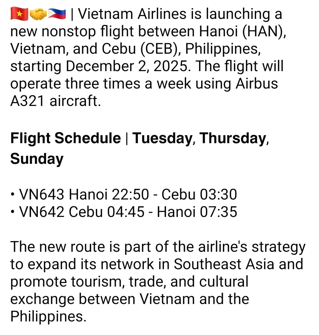 FlightModeblog's tweet image. 🇻🇳🤝🇵🇭 |#VietnamAirlines is launching a new nonstop flight between #Hanoi (HAN), Vietnam, and #Cebu (CEB), Philippines, starting December 2, 2025. The flight will operate three times a week using Airbus A321 aircraft.
📷©️Vietnam Airlines
#Vietnam #Philippines #aviation #avgeek