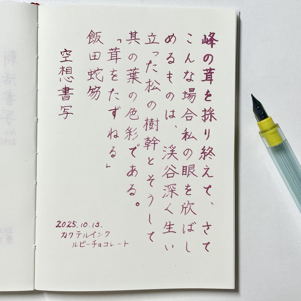 こんばんは、お題ありがとうございます。

No.1324 飯田蛇笏「茸をたずねる」より
 #空想書写

使用インク #カクテルインク ルビーチョコレート
#インク沼 #ink