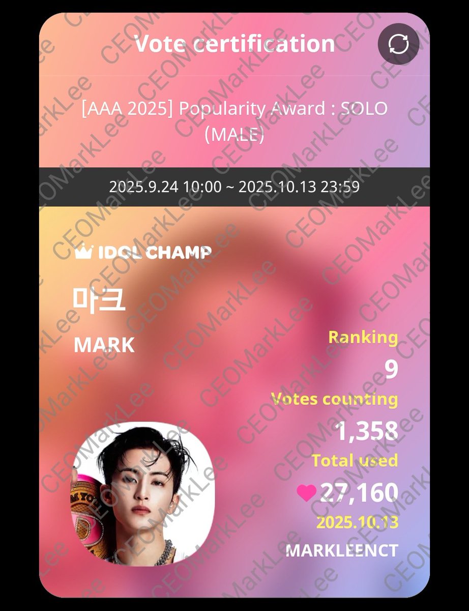 Come on markfs, a few more hours to 11:59pm tonight.
Let's keep voting and go higher to secure the Top 10!!! 🗳🙌
[AAA 2025] Popularity Award : SOLO (MALE) "마크" 투표 완료

promo-web.idolchamp.com/app_proxy.html…