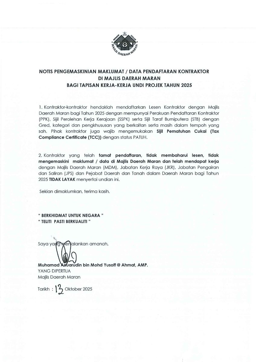 Notis Pengemaskinian Maklumat / Data Pendaftaran Kontraktor di Majlis Daerah Maran bagi Tapisan Kerja-kerja Undi Projek Tahun 2025