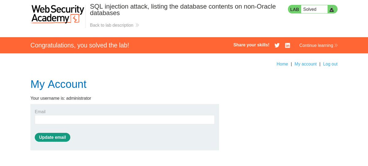NxtGenCyberStar's tweet image. I completed the Web Security Academy lab:
SQL injection attack, listing the database contents on non-Oracle databases
@WebSecAcademy @h4ruk7 @Cyber_indaboski @Cheetah_x0 @5hady_
portswigger.net/web-security/s…