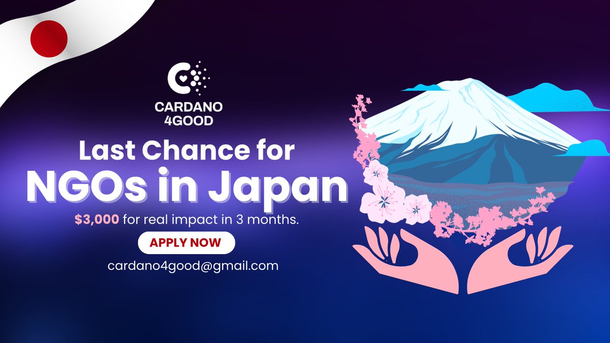 AsiaCnft's tweet photo. 🚨 Last Chance!
📢 Calling all NGOs in Japan! 🇯🇵

#Cardano4Good is now accepting applications for our next impact campaign! 🌏

💰 Budget: $3,000
(90% sponsored by Cardano4Good + 10% NGO fundraising)

✅ Eligibility:
Active social impact in Japan
Min. 1-year proven track record
Web3-ready (crypto donations, Cardano preferred)
Milestone-based delivery & transparent reporting
Co-marketing with Cardano4Good
Project deliverable within 3 months
