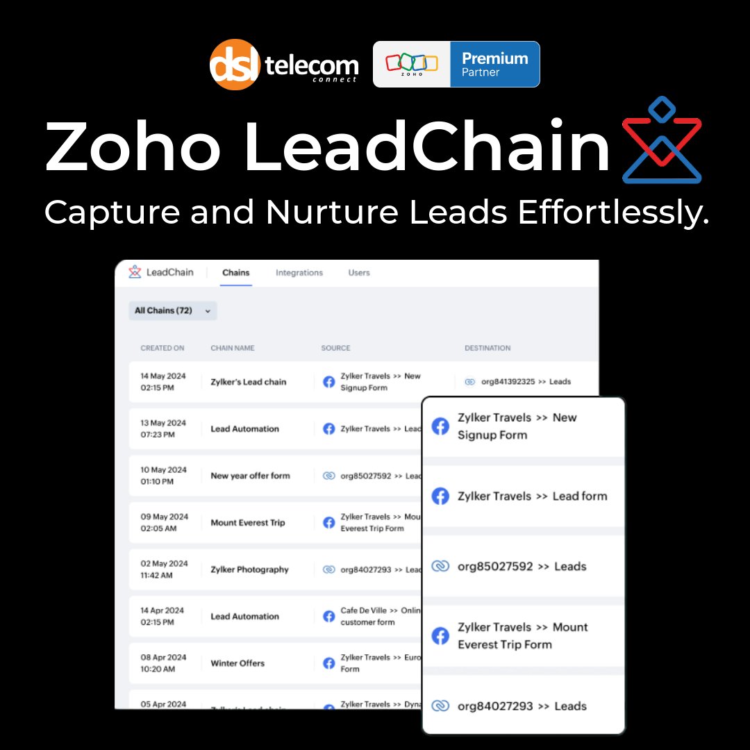 DslTelecom's tweet image. Zoho LeadChain syncs leads from Facebook, LinkedIn, Google &amp;amp; more directly to Zoho CRM or Bigin, and pushes conversion data back to optimise campaigns &amp;amp; boost ROI.

Get started 👉 store.zoho.com/ResellerCustom…

#ZohoLeadChain #ZohoPremiumPartner #DSLTelecom