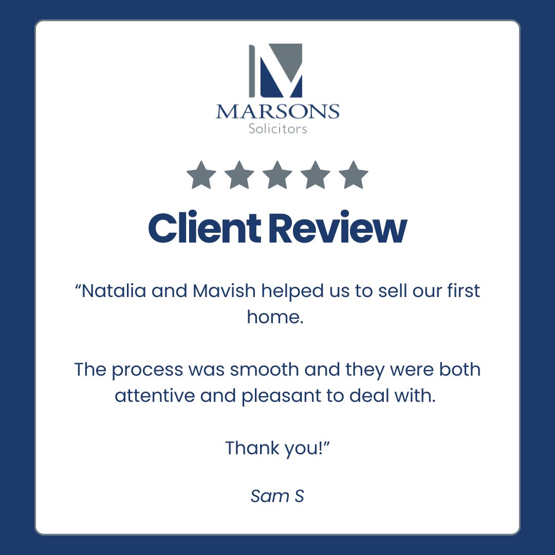 Another 5⭐ review for our conveyancing team. Well done Natalia and Mavish! 

Buying or selling a home? Our solicitors make sure your case gets the care and attention it deserves. 

Enquire today: marsons.co.uk 
.
.
.
.
.
#conveyancing #bromley #solicitors