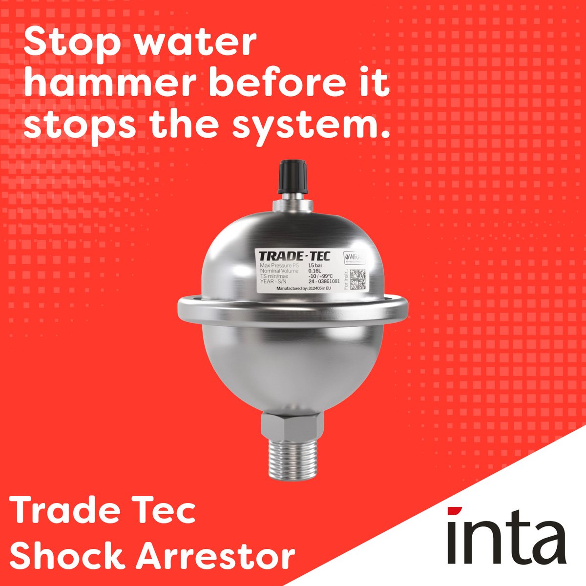 Intatec's tweet image. This compact 0.16L unit is made from stainless steel, fully WRAS approved, and 100% factory tested. By absorbing sudden pressure surges, it protects the system, reduces wear and tear, and helps prevent costly call-backs.

Find the datasheet and more here: intatec.co.uk/product/trade-…