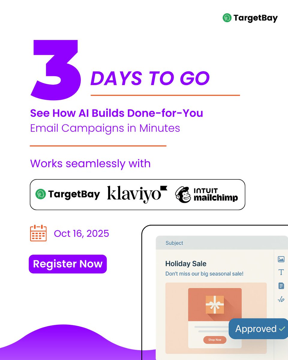 TargetBay's tweet photo. Agencies take weeks. AI takes minutes.⚡

In 3 days, we’ll show you how AI builds ready-to-send campaigns that work with TargetBay, Klaviyo, Mailchimp, and more.

See AI in action: https://t.co/4AnuLiCkBh https://t.co/2LtGjkNZVi