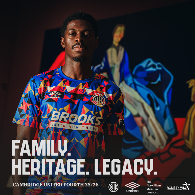 CambridgeUtdFC's tweet photo. Introducing our limited-edition fourth shirt in celebration of Black History Month, created in collaboration with the Fitzwilliam Museum and Romsey Mill.

#CamUTD | @FitzMuseum_UK | @romseymill