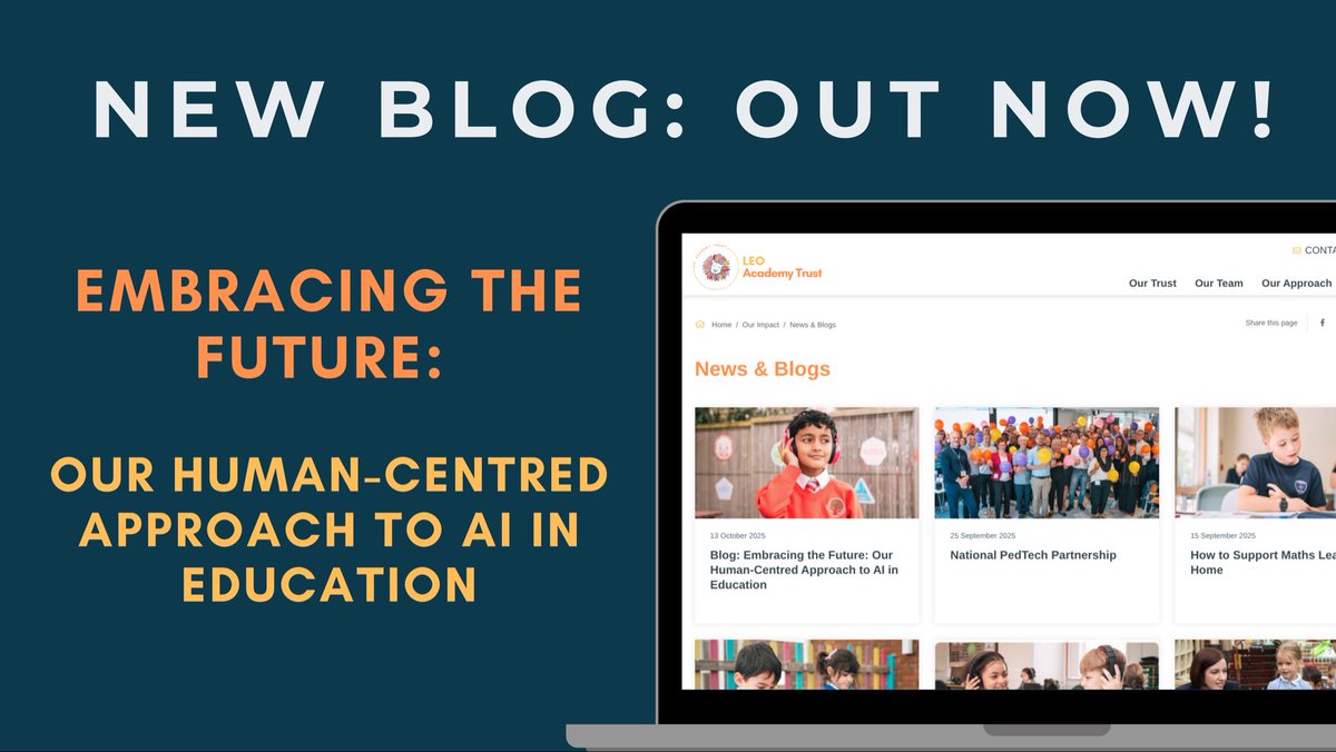 LEOacademies's tweet image. 💬 @LEOacademies Monthly Blog
At LEO Academy Trust, AI isn’t about replacing teachers - it’s about amplifying human creativity, curiosity & connection
Find out more in October’s blog: Embracing the Future: Our Human-Centred Approach to AI in Education👇
leoacademytrust.co.uk/657/news-blogs…