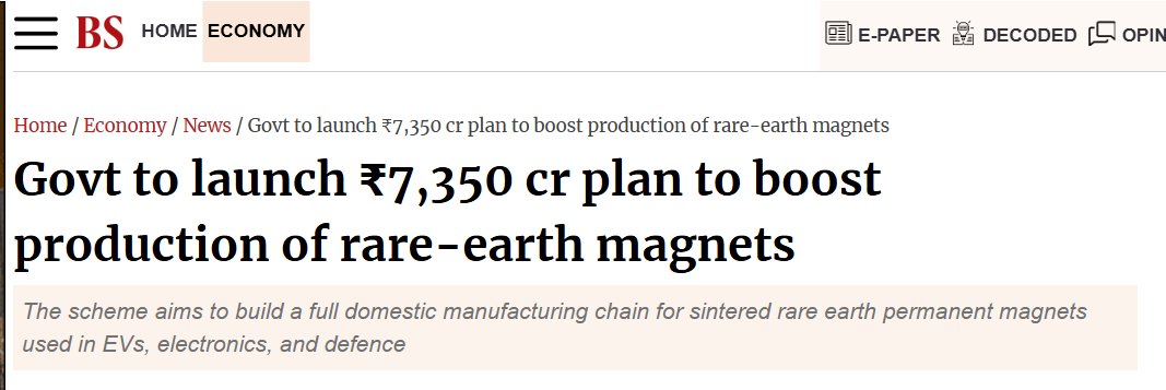 Stocker_talker's tweet photo. Potential beneficiaries of rare earth magnet production boost:
1. Hindustan Zinc
2. Sona comstar
3. GMDC
4. Sterling Tools

Keep watch on these stocks for next few years.

#rareearthmagnet
#Hindustanzinc
#GMDC
#sterlingtools https://t.co/qFJwxP8r2e