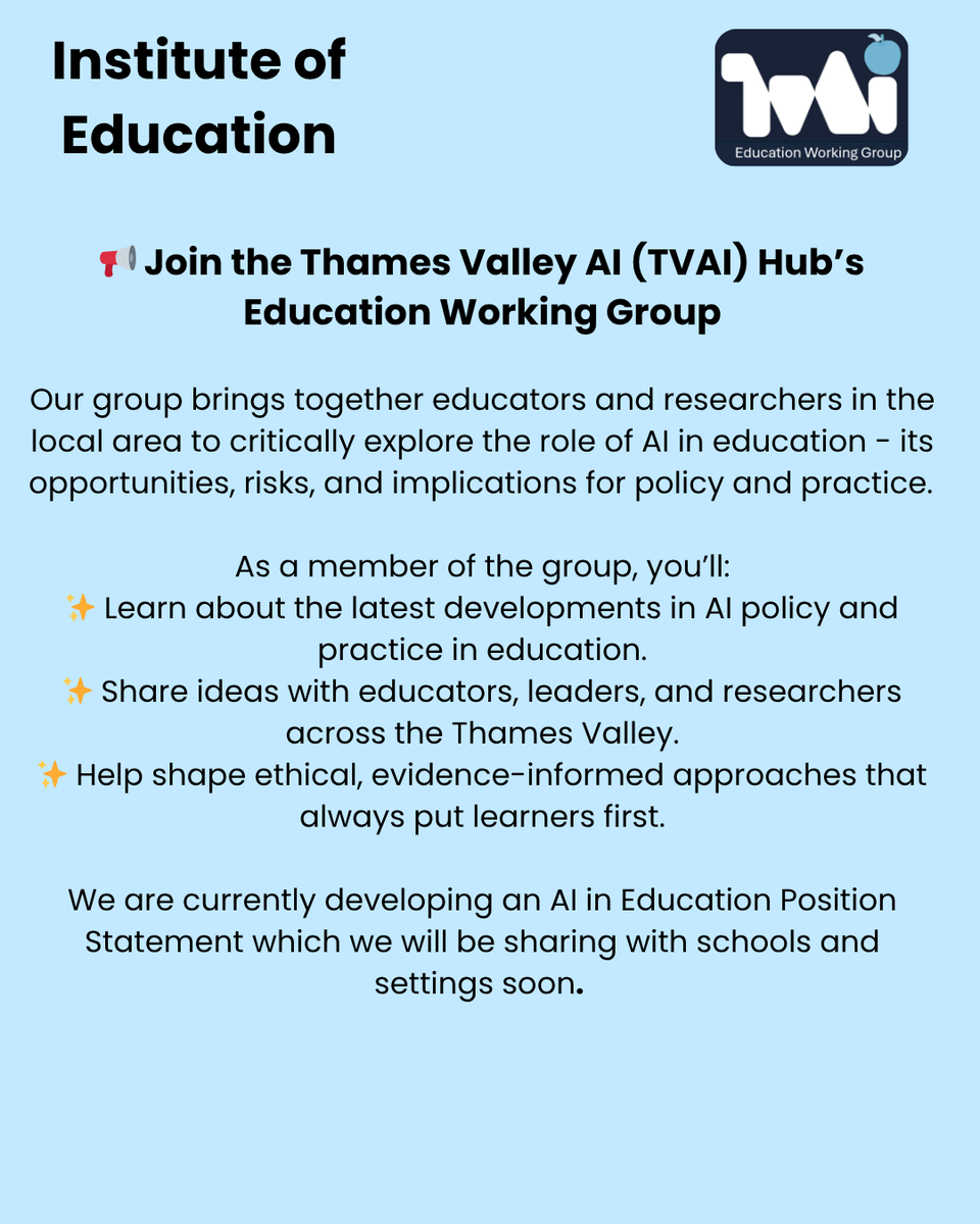 UniRdg_IoE's tweet photo. Join the Thames Valley AI Education Working Group!
The group's next meeting is tomorrow Tuesday 14 October 16:00-17:00 which you can join virtually.
Please do register your interest via the MS form or by contacting Georgia directly.
#AI #Education #workinggroup #getinvolved https://t.co/f8UisjWMCP