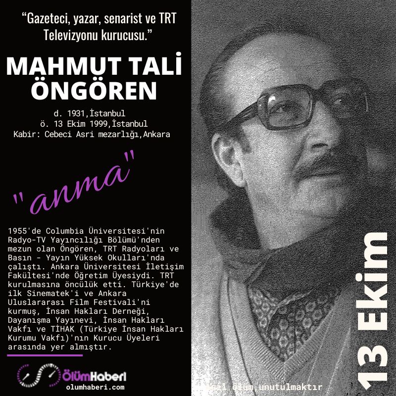 OlumHaberi's tweet photo. GÜNÜN ANMALARI.. (13.Ekim)
Mahmut Tali Öngören
Nilgün Marmara
Selim Turan
https://t.co/mHRZXAkEsq
#İstanbul #vefat #anma #tarih #CahitSıtkıTarancı #CevatSakirKabaagaclı #KamranYuce #MahmutTaliOngoren #NilgünMarmara #SelimTuran #yazar #sinema #ressam #besteci #tarih #TRT https://t.co/WQ96HJ5Qm4