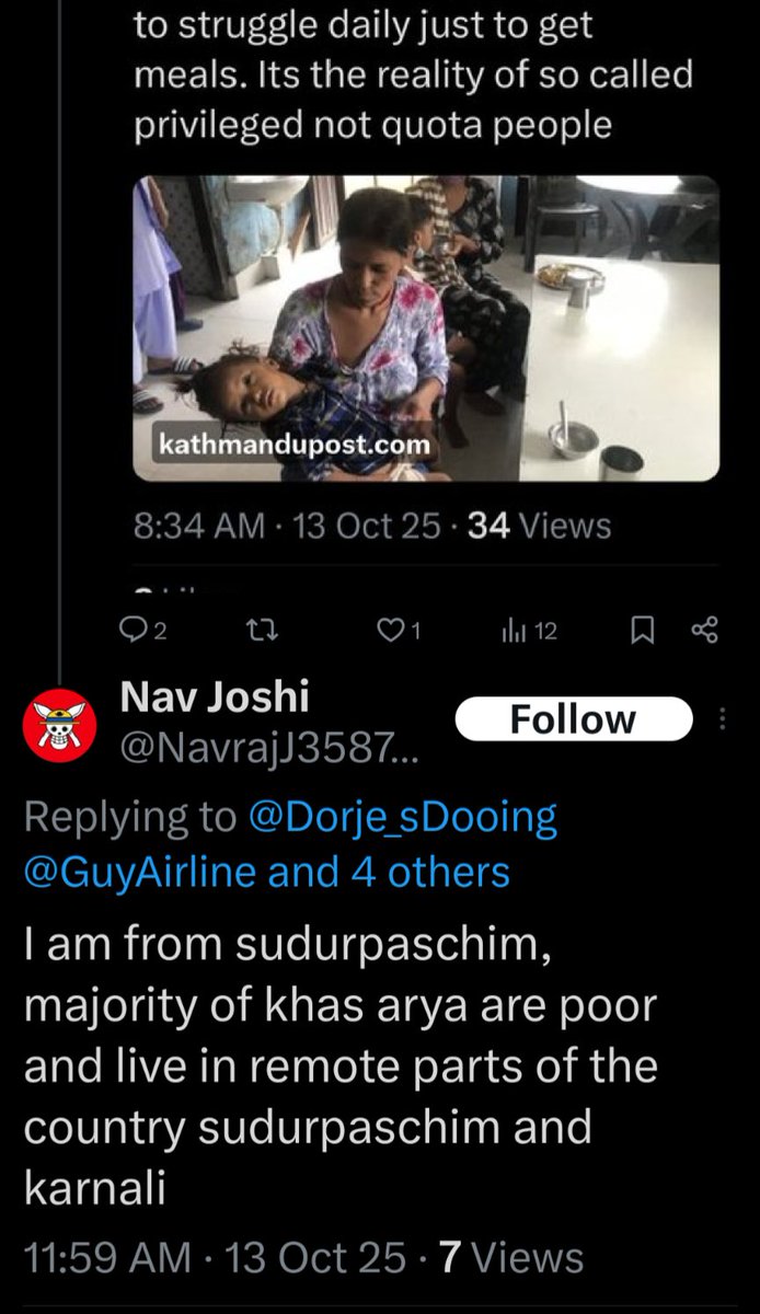 Dorje_sDooing's tweet image. Yes, I believe you when you say there&apos;re poor Khas-aryas in Sudurpaschim. In fact, wouldn&apos;t be surprised if there are MORE poor Khas-aryas than say poor Dalits! But, here&apos;s d thing: they aren&apos;t poor b/c they are Khas-arya. Dalits are poor b/c they are Dalits. #StructuralPrivilege